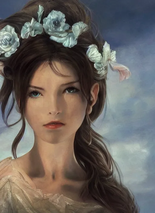 Image similar to elegant Aerith Gainsborough stares intently at the viewer in bemusement. ultra detailed painting at 16K resolution and epic visuals. epically surreally beautiful image. amazing effect, image looks crazily crisp as far as it's visual fidelity goes, absolutely outstanding. vivid clarity. ultra. iridescent. mind-breaking. mega-beautiful pencil shadowing. beautiful face. Ultra High Definition. amazingly crisp sharpness. high quality film still. processed twice. film grain.