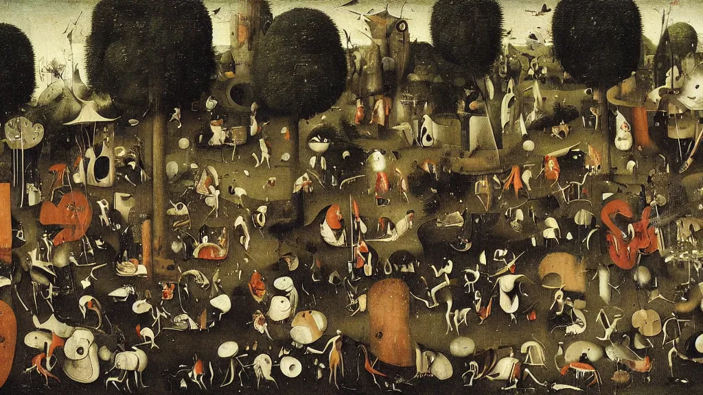 Image similar to The band Radiohead playing music in a garden by Hieronymus Bosch