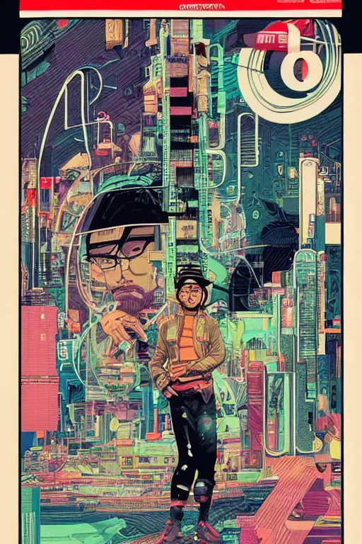 Prompt: 1 9 7 9 omni magazine cover of hiroyuki sanada in a rice hat. stylized cyberpunk art by josan gonzalez.