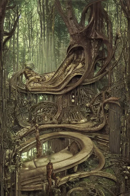 Prompt: a house in the forest by h. r giger, intricate, miles johnston, kuroda seiki, cynical realism, ozabu, john william godward, painterly, yoshitaka amano, moebius, miles johnston, louise zhang, james jean, mark ryden