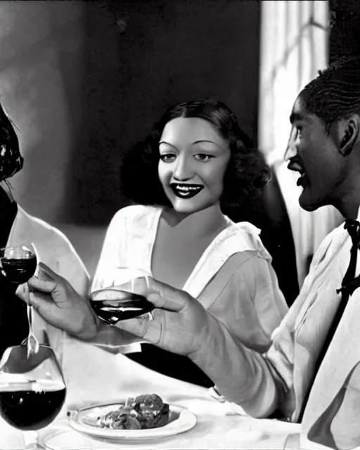 Prompt: the image is a lost hollywood film still 1 9 3 0 s photograph of a woman with ebony skin, long hair, and silver - colored eyes having an intimate dinner with her handsome husband. they are laughing and enjoying each other's company over a glass of wine. vibrant cinematography, anamorphic lenses, crisp, detailed image in 4 k resolution.