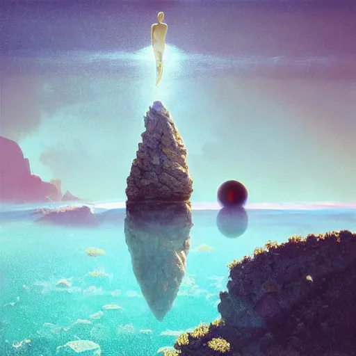 Image similar to peter tarka, golden hour, minimalistic, hyperrealistic surrealism, award winning masterpiece with incredible details, epic stunning, astronaut sinking falling underwater infinity pool, a surreal vaporwave liminal space, highly detailed, trending on ArtStation, artgerm and greg rutkowski and alphonse mucha, daily deviation, IAMAG, broken giant marble head statue ruins, illuminated