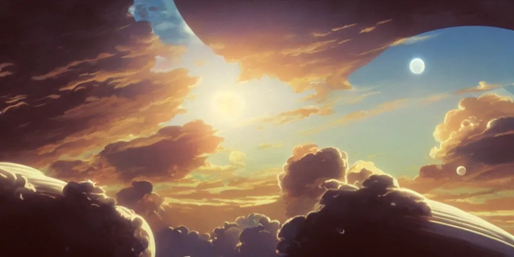 Image similar to blue dreamy cloudscape with a single planet in the clouds, daylight, cinematic lighting, cinematic perspective, syd mead, john harris, federico pelat,
