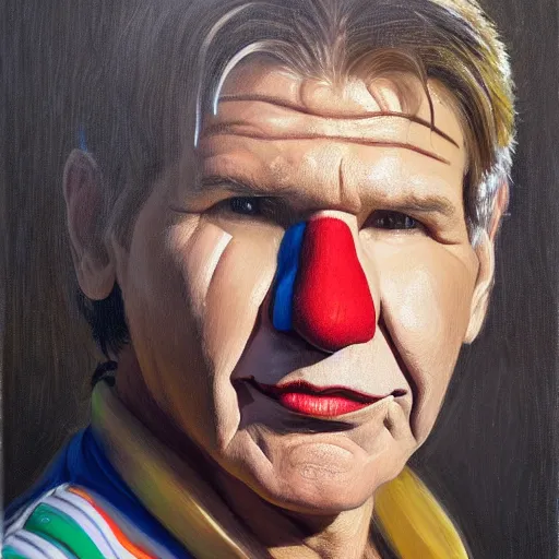 Image similar to stunning serene portrait of a young Harrison Ford wearing a clown suit by Mark Arian, oil on canvas, masterpiece, realism, piercing gaze, autumn bokeh