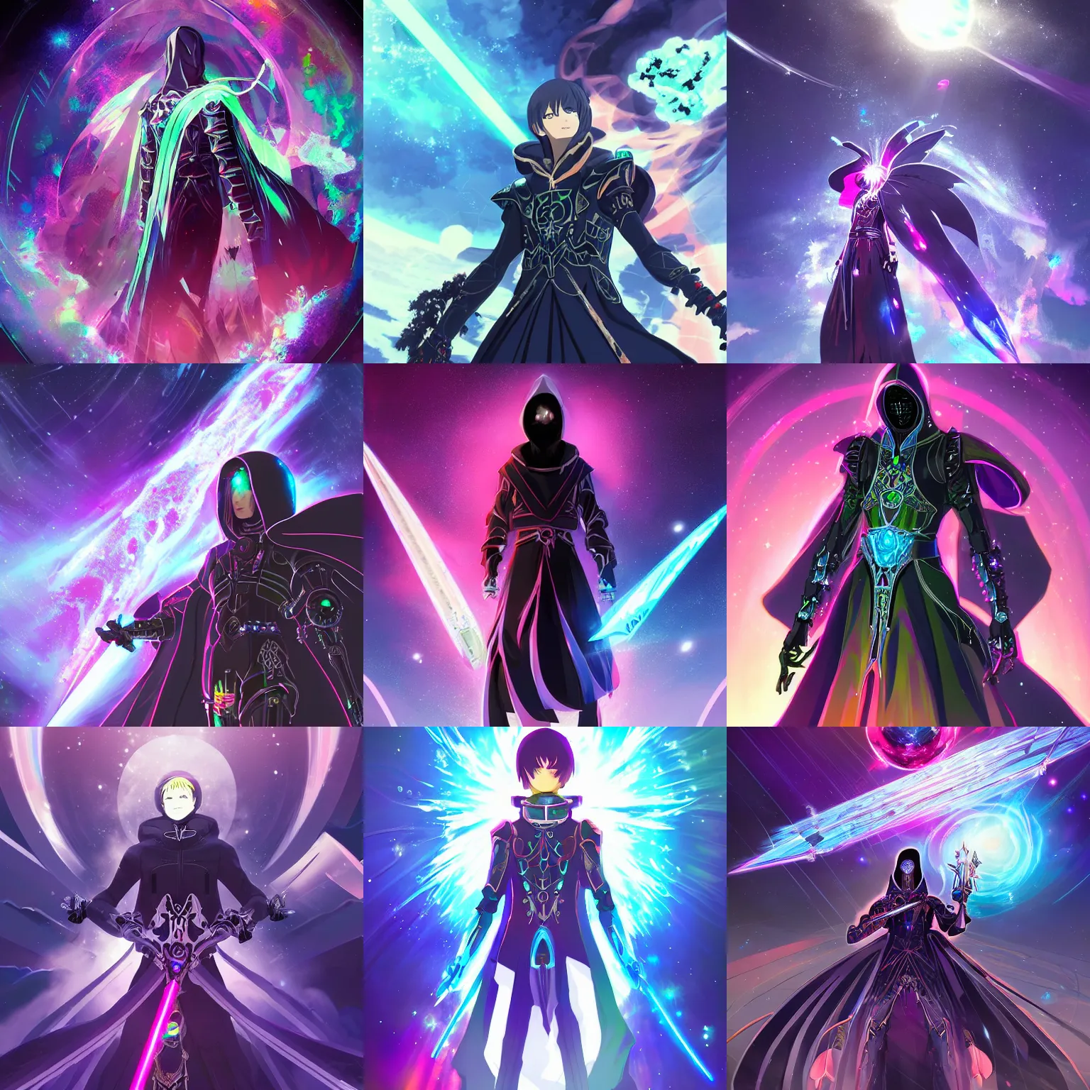 Prompt: planet - destroying ominous hooded omnipotent beautiful rich being hovering in space with iridescent gothic crystal sword and intricate dark cybernetic biomechanical armor colorful gems vibrant dynamic portrait animation by makoto shinkai