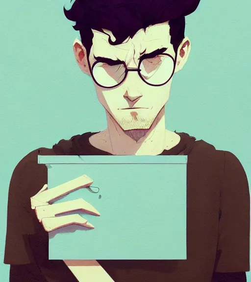 Image similar to portrait of a researcher, brooding look, paper folder in hand, disheveled hair, by atey ghailan, by greg rutkowski, by greg tocchini, by james gilleard, by joe fenton, by kaethe butcher, dynamic lighting, gradient light blue, brown, blonde cream and white color scheme, grunge aesthetic