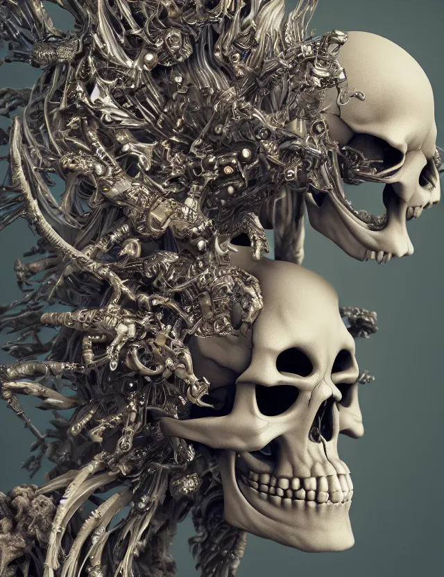 Image similar to 3 d goddess skeleton macro close - up portrait with crown made of ram skull. betta fish, jellyfish phoenix, bioluminiscent fire, plasma, ice, water, wind, creature, super intricate ornaments artwork by tooth wu and wlop and beeple and greg rutkowski