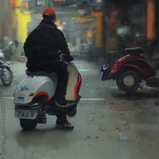 Prompt: portrait of the chilean redhead vespa fan in hong kong, oil on canvas by ruan jia and yoshitaka amano