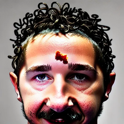 Image similar to uhd photorealistic shia labeouf made out of pieces of beef. photo by annie leibowitz