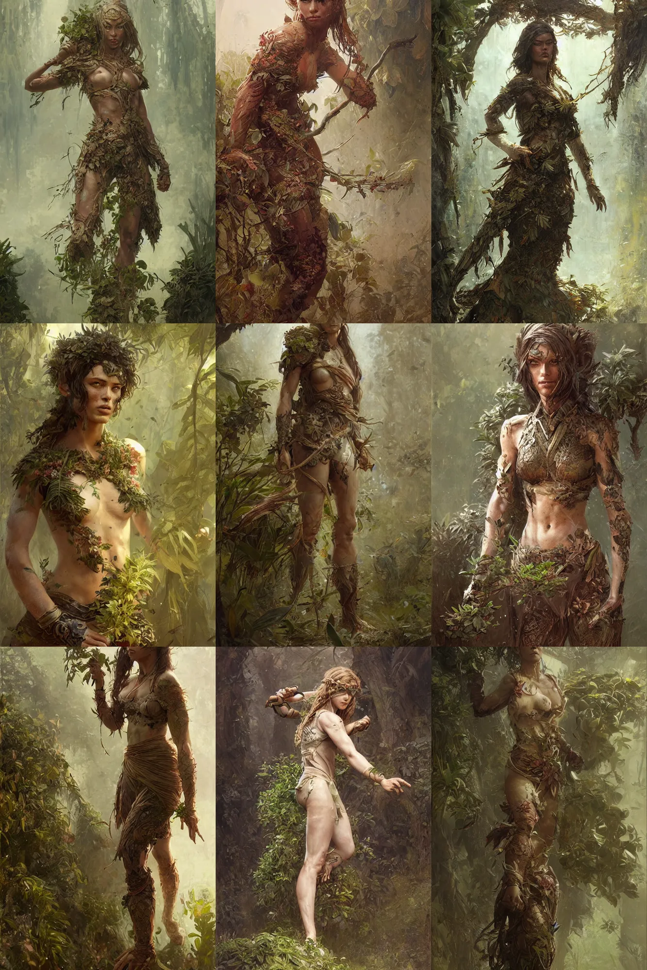 Prompt: martial artist woman made of plants, bark for skin, fantasy character portrait full body concept art, intricate details, by greg rutkowski, gaston bussiere