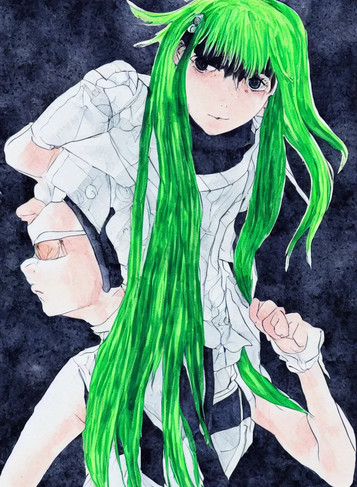 Prompt: portrait of a kid with green hair wearing futuristic clothes, hand drawn manga watercolour