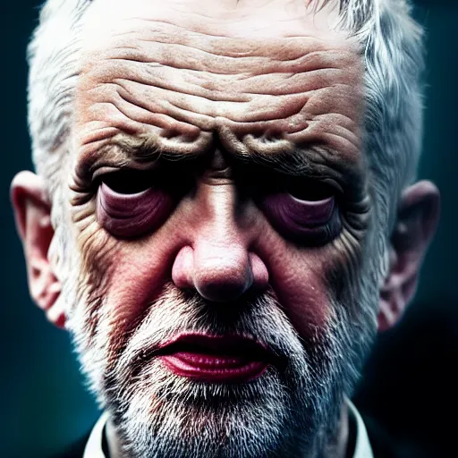 Image similar to jeremy corbyn as the terminator, unmasked, movie still, cinematic, photorealistic, extreme detail, facial features, sharp focus, 8 k, rain, close up, anamorphic lens, lighting, dark