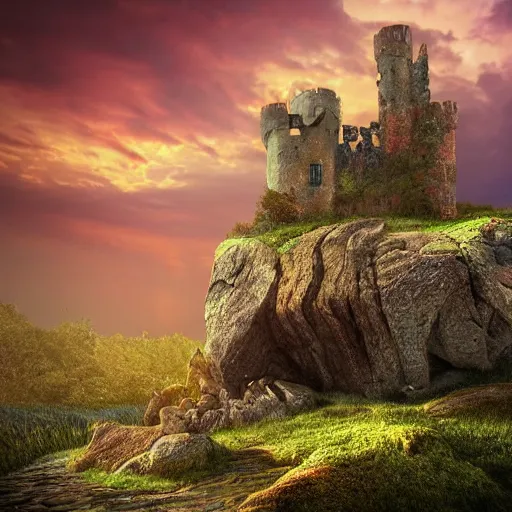 Image similar to | type : 3 d render | style : fantasy, detailed, hyperrealism | subject : a crumbling castle on a floating boulder | colors : gold and blue and green | scene : sky full of clouds during sunset | subject description : old and beautiful decaying castle | lighting : golden sunset | emotion : warm, peaceful | params :