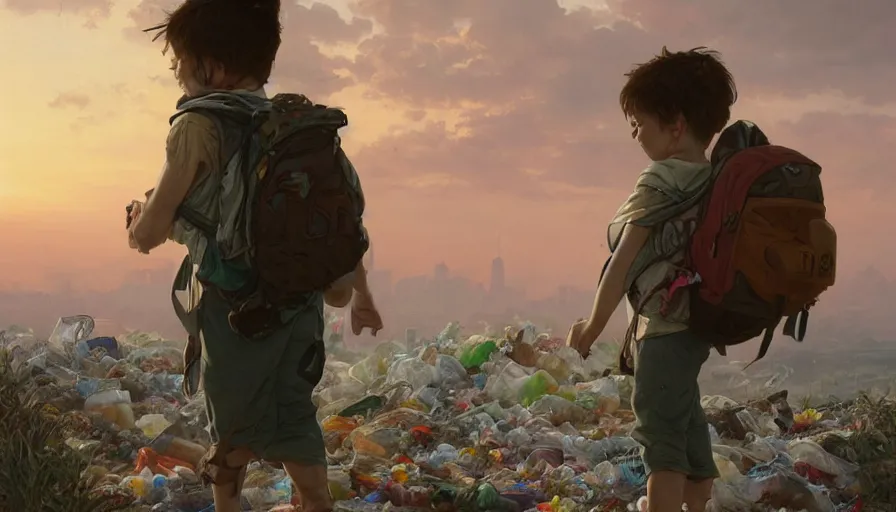 Image similar to poor detailed child with backpack looking for food at garbage dump, city is pure wasteland, sunset in background, detailed characters, alphonse mucha, greg rutkowski, trending on artstation, artgerm, breathtaking, sharp focus, smooth, mark arian, award winning, highly detailed 4 k art