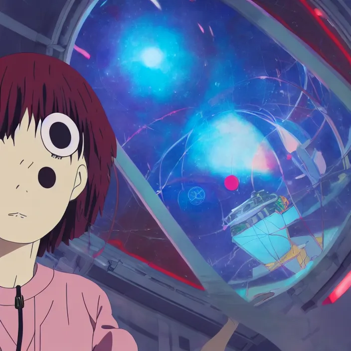 Image similar to close up of mamimi samejima from flcl, psychedelic background, epcot, inside a space station, eye of providence, female anime character, Ruan Jia, giygas