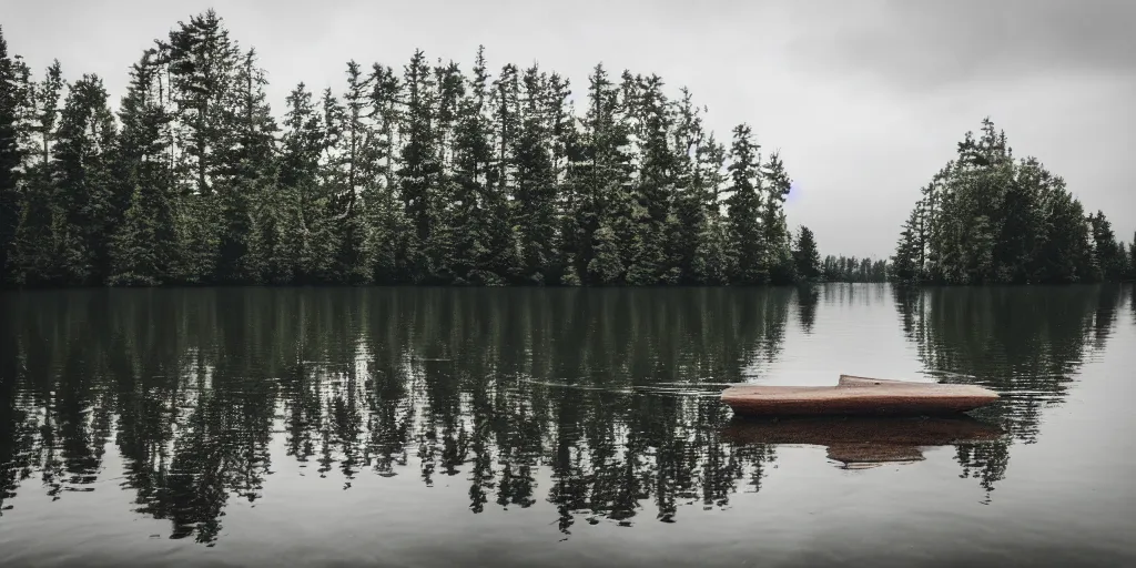 Image similar to symmetrical photograph of an long rope floating on the surface of the water, the rope is snaking from the foreground towards the center of the lake, a dark lake on a cloudy day, trees in the background, moody scene, dreamy kodak color stock, anamorphic lens