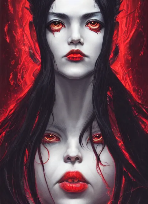 Prompt: a hyper detailed full face portrait of black haired girl with red eyes, queen of blades, sideshow figurines, diablo 4 lilith, by yusuke murata, by hiroya oku, by dorian cleavenger, by tom bagshaw, by zdzisław beksinski, trending on artstation