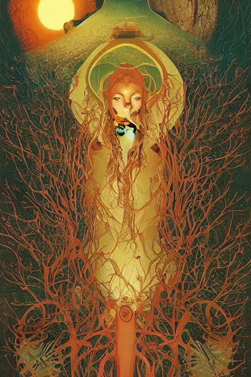 Image similar to poster artwork by Michael Whelan and Tomer Hanuka, Karol Bak of collective neurological consciousness as imagined by Carl Jung, from scene from Carnivale, clean, simple illustration, nostalgic, domestic, full of details