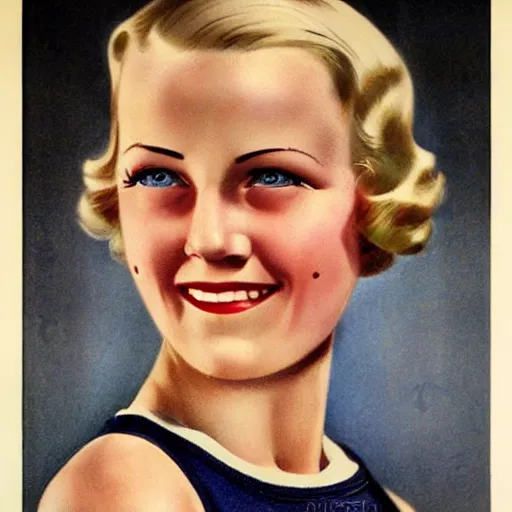 Prompt: a 1 9 3 0 s ultra - realistic color portrait. happy, healthy, beautiful, smiling, young, sporty, blonde, blue - eyed woman in decent athletic wear. hyper - realistic detailed drawing