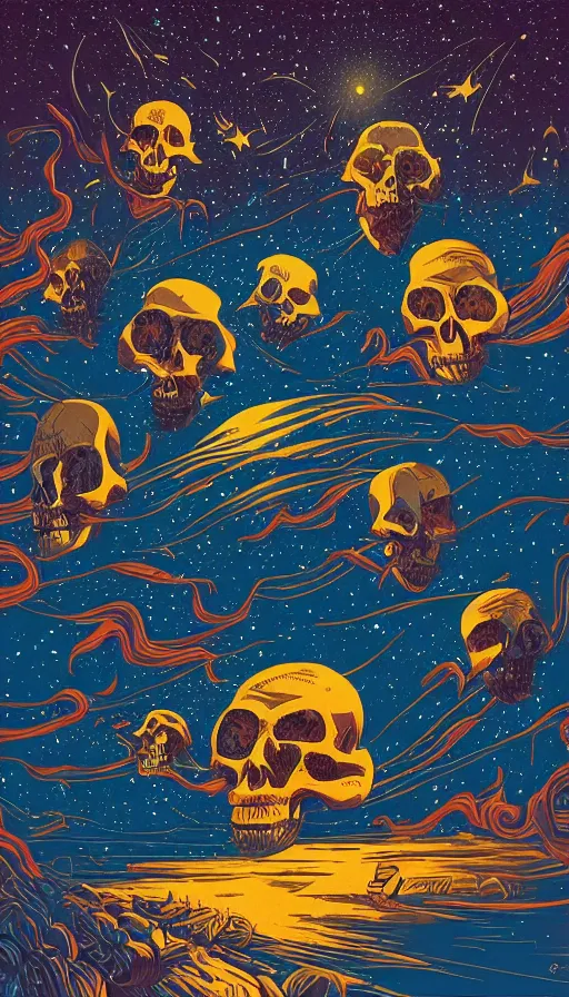 Prompt: The floral skulls under sunset starlit sky, italian futurism, Dan Mumford, da vinci, Josan Gonzalez