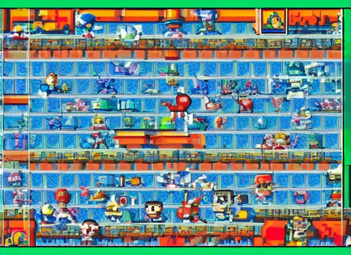 Image similar to screenshot of a 1 9 9 3 1 6 - bit snes mega man game stage - select screen consisting of a grid of 9 framed portraits of cute evil robots.