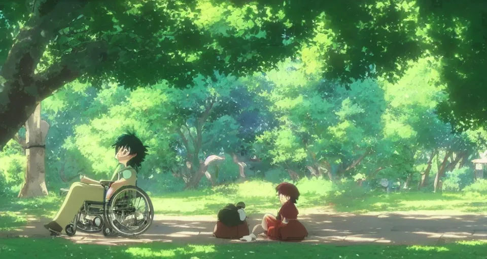 Image similar to a green long - haired boy in a wheelchair under a tree, day, sunshine, warm colors, relaxing, calm, cozy, peaceful, by mamoru hosoda, hayao miyazaki, makoto shinkai