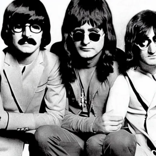 Image similar to Ozzy Osbourne in the Beatles, young Ozzy next to John Lennon and Ringo Star, 1967