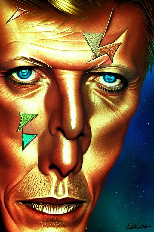 Image similar to Portrait of david bowie with a star tattoo on his eye , elegant, photorealistic, highly detailed, artstation, smooth, sharp focus, gold ornaments, neon lighting, sci-fi, art by Klimt