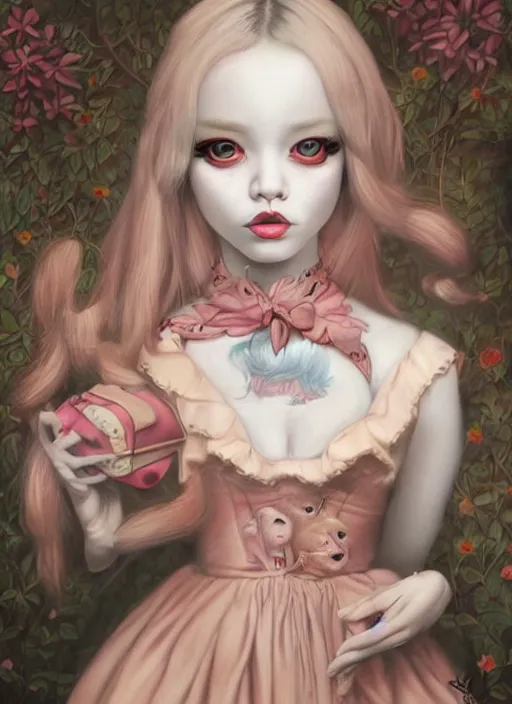 Image similar to pop surrealism, lowbrow art, realistic cute alice girl painting, japanese street fashion, hyper realism, muted colours, rococo, lori earley style,