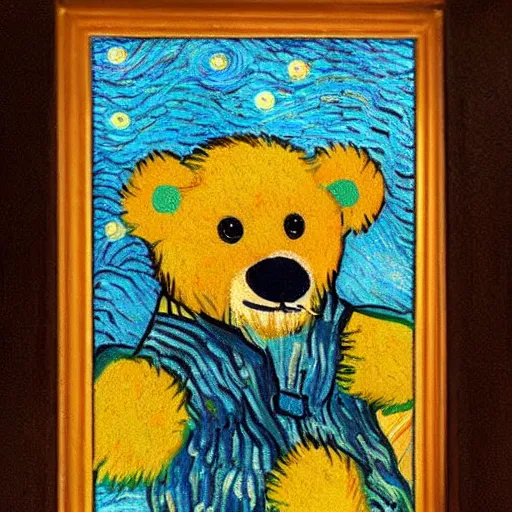 Image similar to A teddy bear in the style of Vincent van Gogh