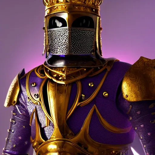 Image similar to a highly detailed knight with glowing purple eyes in a T golden helmet and a golden crown with a blue diamond in the center, golden armor, leather clothes under the armor, leather gloves, holds a black sword, artstation, DeviantArt, professional, octane render, sunset lighting