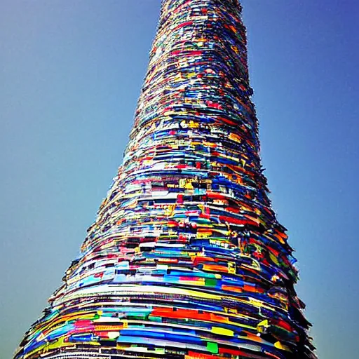 Image similar to tower of babel reaching up to heaven but it is made from vinyl records