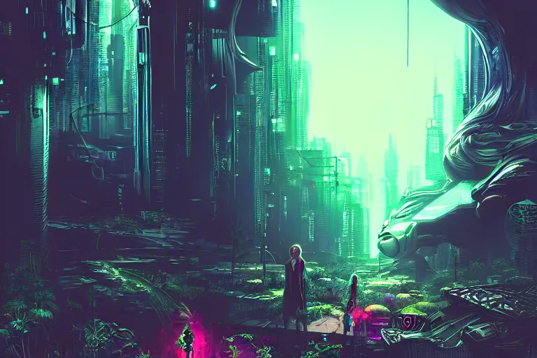 Prompt: garden of eden, cyberpunk noir, catland, trending on artstation