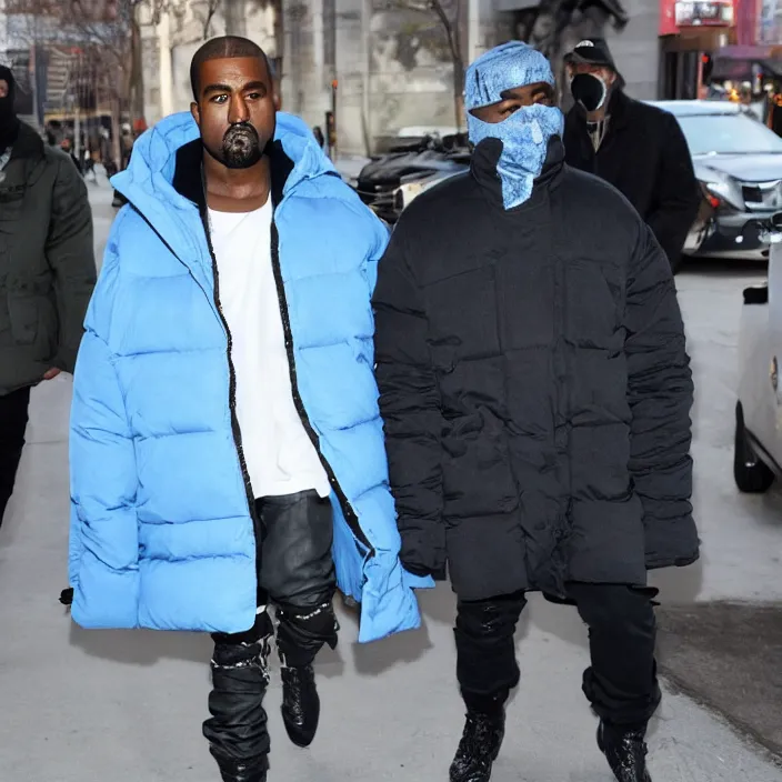 Image similar to kanye west using a full face covering black mask, a undersized light blue round puffer jacket made of nylon and big black rubber boots,