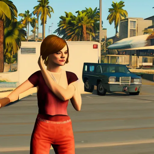 Prompt: Emma Stone in GTA V. Los Santos in the background, palm trees. In the art style of Stephen Bliss