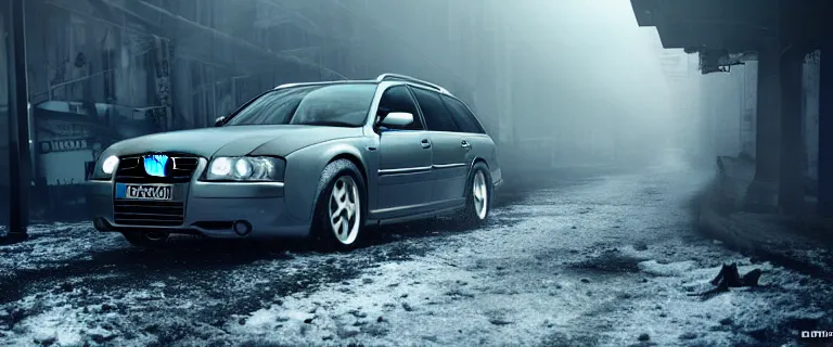 Prompt: Audi A4 B6 Avant (2002), eldritch horror anomaly, a gritty neo-noir, dramatic lighting, cinematic, eerie person, death, homicide, homicide in the snow, gunshots, establishing shot, extremely high detail, photorealistic, red fog, chaos, arson, burning city, cinematic lighting, artstation, by simon stalenhag, Max Payne (PC) (2001) winter New York at night, In the style of Max Payne 1 graphic novel, flashing lights, Poets of the Fall - Late Goodbye