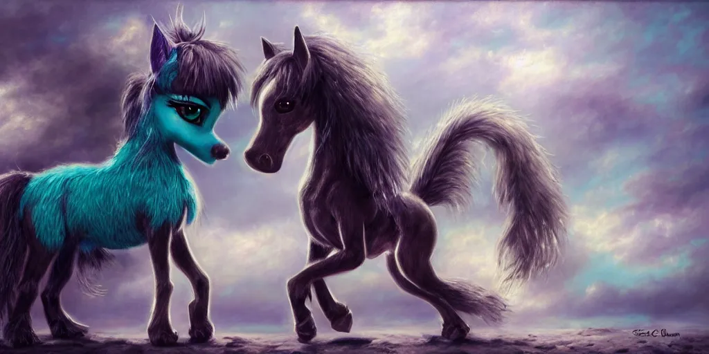 Prompt: 3 d littlest pet shop horse, gothic antique theme, realistic fur, teal, shadow, clouds, dullahan, celtic, intricate accessories, master painter and art style of noel coypel, art of emile eisman - semenowsky, art of edouard bisson