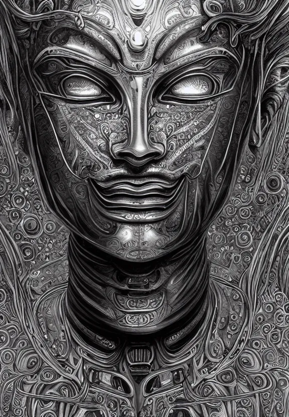 Image similar to perfectly centered portrait, front view of a beautiful biomechanical alien android robot buddha, female, flowing hair, intense stare, sarcastic smile, symmetrical, concept art, intricate detail, volumetric shadows and lighting, realistic oil painting by alex grey and gustave dore,