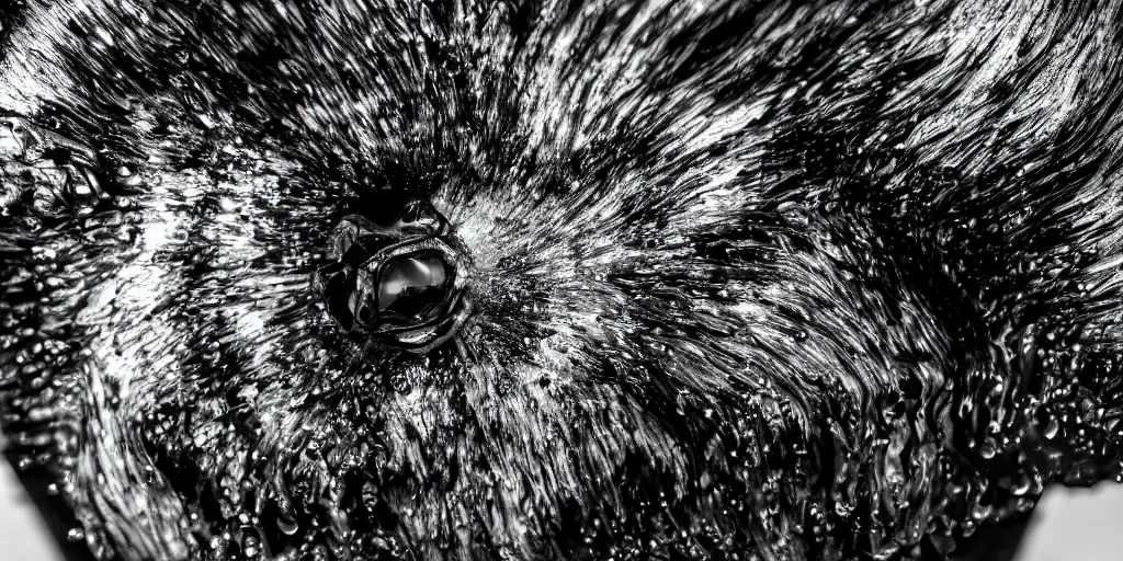 Image similar to a black lioness made of ferrofluid bathing inside the bathtub full of ferrofluid at the photography studio, covered in dripping ferrofluid. dslr, wrinkles, ferrofluid, photography, realism, animal photography