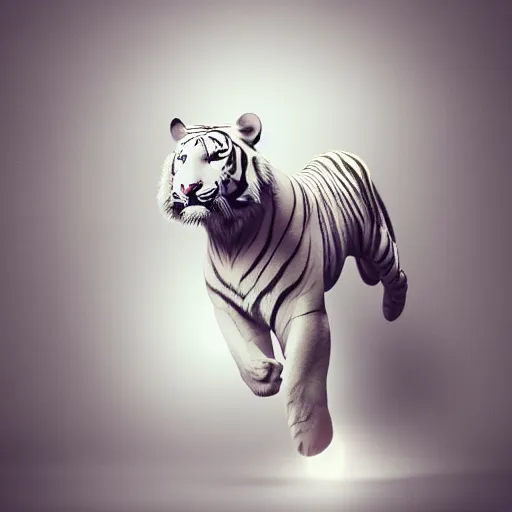 Prompt: a low - poly render of an all white tiger with no stripes in a dynamic action pose dwelling in the spirit realm, low poly 3 d, octane render, dramatic dreamlike lighting, all white render, no textures, angular energetic background elements, angular dynamic white rock floor, artgerm, unreal engine, artgerm, artstation, ross tran