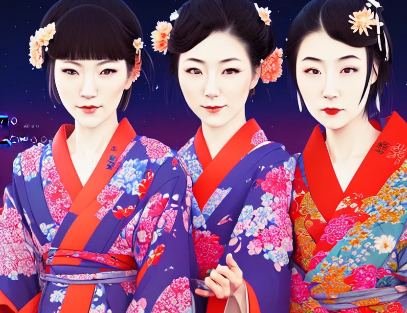 Image similar to two beautiful charming japan girls wear arty kimono in festival | | sunny night, full moon, dreamlike art, realistic shaded, smile, good looking, hyper details, 4 k realistic, cryengine, realistic shaded lighting poster by ilya kuvshinov, fuji choko, ross tran, 8 k resolution, trending on artstation, luxury