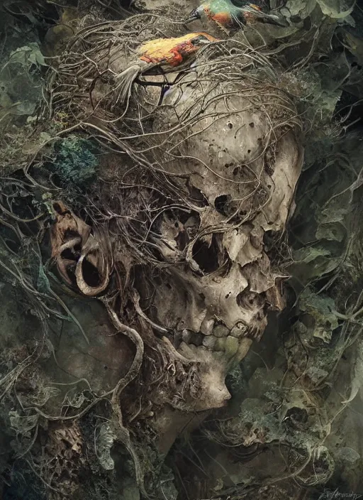 Image similar to portrait, bird skull, moss, driftwood, witches, watercolor, dramatic lighting, cinematic, establishing shot, extremely high detail, foto realistic, cinematic lighting, pen and ink, intricate line drawings, by Yoshitaka Amano, Ruan Jia, Kentaro Miura, Artgerm, post processed, concept art, artstation, matte painting, style by eddie mendoza, raphael lacoste, alex ross