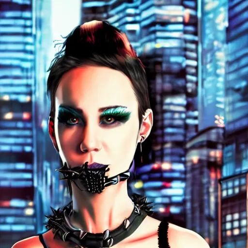 Prompt: an adult cyberpunk woman wearing large spiked punk collar, choker, steel choker, portrait, 4K, digital art, deviantart, artstation, neon, buildings in background,