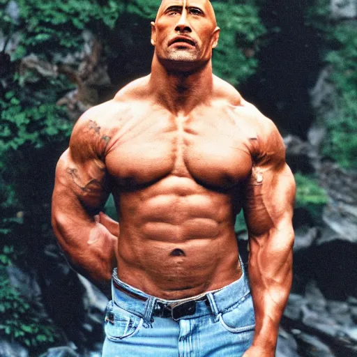 Image similar to photo of dwayne johnson as a skinny man, cinestill, 8 0 0 t, 3 5 mm, full - hd