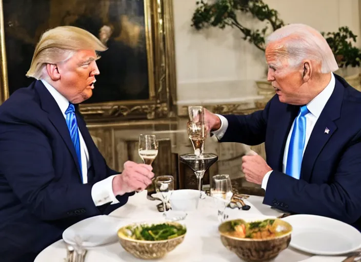 Image similar to Trump and Biden having dinner at a fancy Greek restaurant, award winning cinematic photography, 50 mm, blurred background, trending on twitter