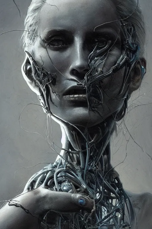 Prompt: surreal painting of a woman by Greg Rutkowski and H.R Giger, Vincent Di Fate, cyborg of old age, hair as wires, haunting appearance, pale as marble, biomechanical and intricate, empty expression, frightening, space horror, fascinating, highly detailed portrait, digital painting, artstation, concept art, smooth, sharp focus illustration, duo tone, HQ.