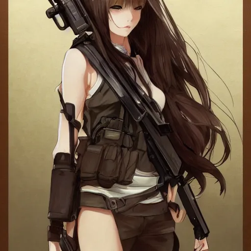 Prompt: soldier girl, anime style, long hair, hair down, symmetrical facial features, girls frontline cg, hyper realistic, pale skin, 4 k, rule of thirds, extreme detail, detailed drawing, trending artstation, hd, backpack, d & d, realistic anatomy, by alphonse mucha, greg rutkowski, sharp focus, backlit