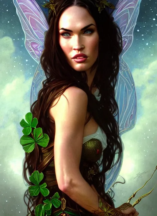 Image similar to portrait of megan fox as fairy, elves, irish, once upon a time, intricate, headshot, highly detailed, digital painting, artstation, concept art, sharp focus, cinematic lighting, illustration, art by artgerm and greg rutkowski, alphonse mucha, cgsociety