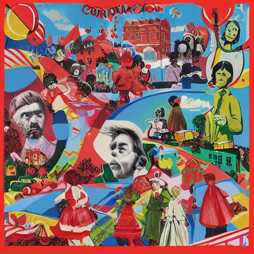 Image similar to a communist revolution in Candy Land, 1960s illustration, high quality, collage in the style of Klaus Voormann, album cover