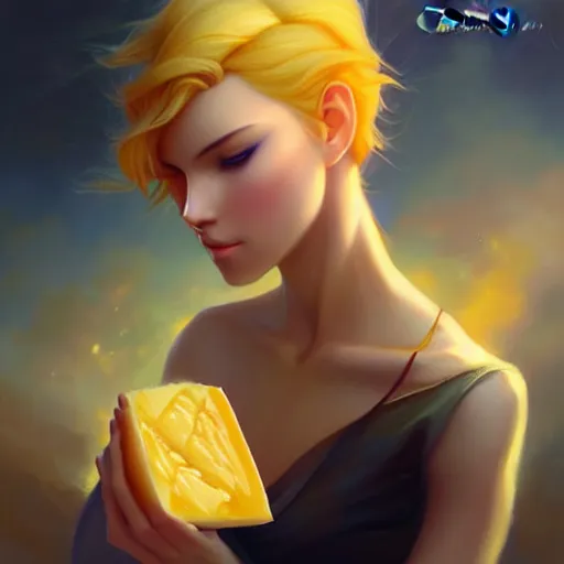 Image similar to beautiful painting of gouda cheese by charlie bowater, ross tran, artgerm, and makoto shinkai